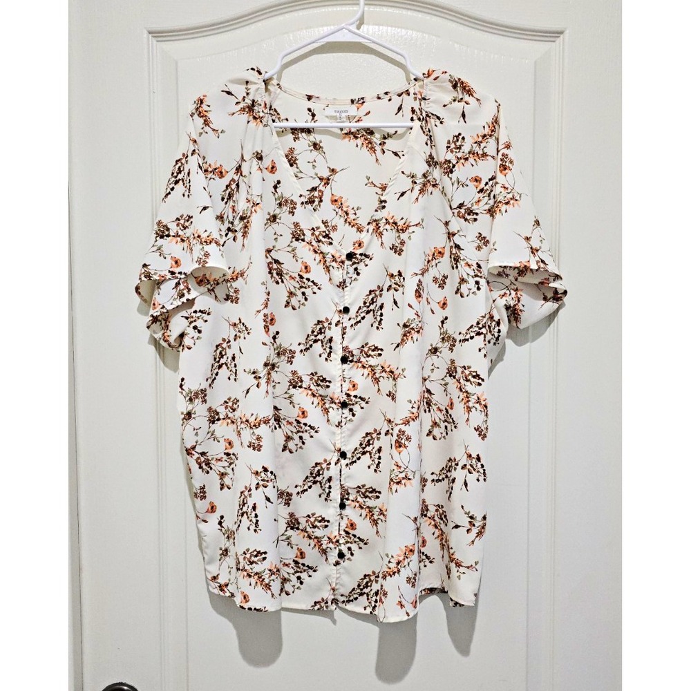 maurices Women's 2X Plus White Floral Round Neck Short Sleeve Pullover Blouse
